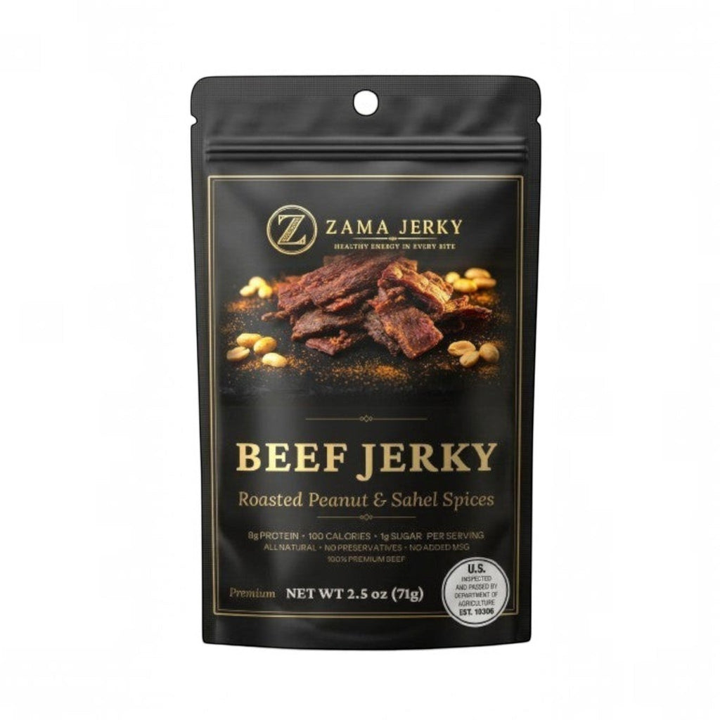 Sachet de Zama Jerky LLC saveur bœuf, arachides grillées et épices du Sahel, riche en protéines et naturel.
