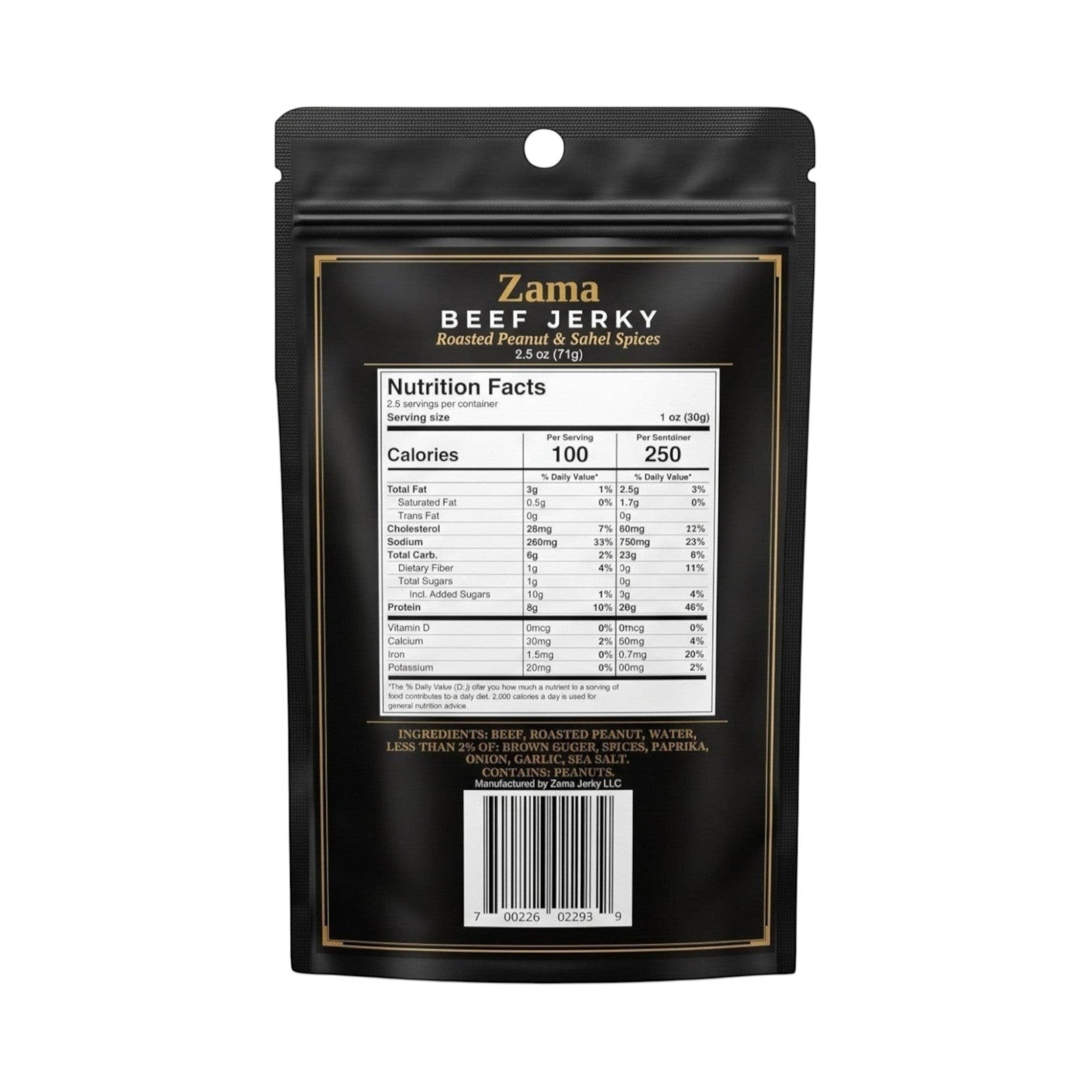 Dos du sachet noir Zama Jerky LLC de bœuf séché aux arachides grillées et épices du Sahel avec tableau nutritionnel