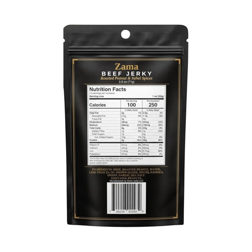Dos du sachet noir Zama Jerky LLC de bœuf séché aux arachides grillées et épices du Sahel avec tableau nutritionnel